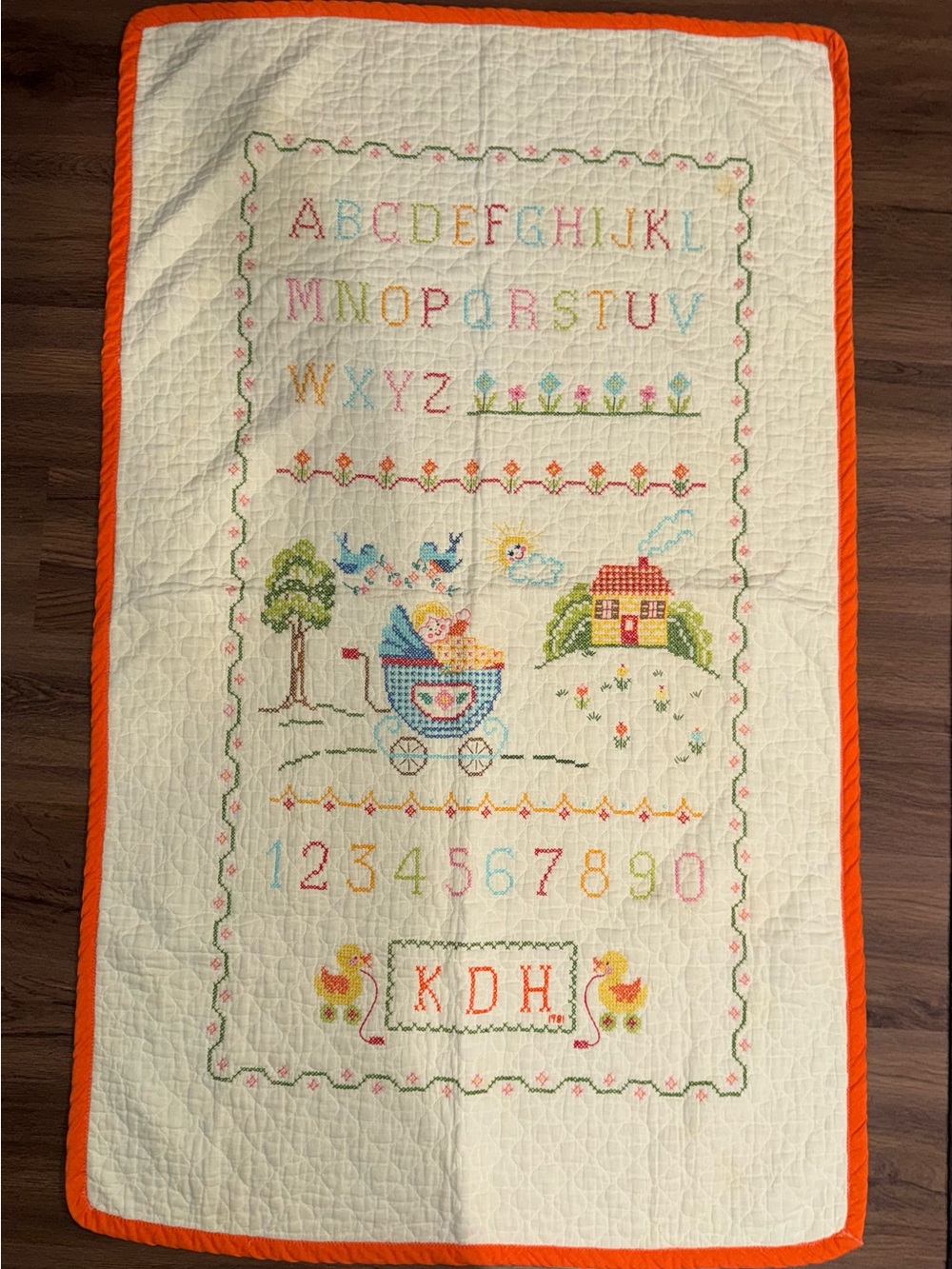 Vintage (1981) Handmade Alphabet & Nursery Quilt in Cream and Orange
